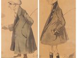 deux dessins représentant un homme en manteau et une femme coiffée d'un chapeau