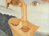 une image représentant un tableau montrant le visage d'une femme avec une montagne en arrière-plan