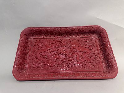 chinese red glazed rectangular tray with dragon design