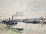 a watercolor painting of boats on the water