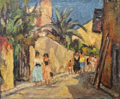 une peinture à l'huile représentant une scène de rue avec des personnes marchant dans la rue