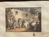 a picture of a painting of a group of people outside of a house