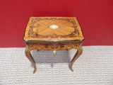 a small table with a wooden top on a tile floor