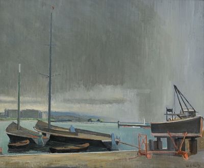 un tableau représentant deux bateaux amarrés sur l'eau