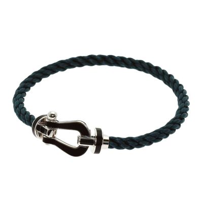 a black leather bracelet with a silver clasp on a white background