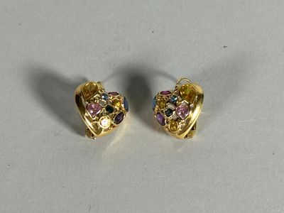 a pair of gold tone earrings with multi colored stones