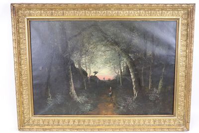 une peinture à l'huile représentant une scène de forêt avec un homme et un chien