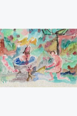 a watercolor painting of a man and a woman sitting on a bench
