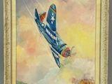 une peinture à l'huile représentant un avion bleu et blanc volant dans le ciel