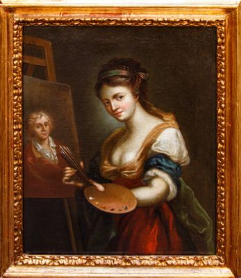 une peinture à l'huile représentant une femme tenant un pinceau et une palette