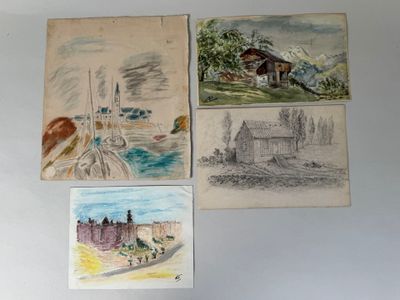 three drawings of a house, a boat, a house, and a boat