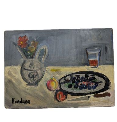 une peinture représentant une assiette de fruits et un verre posés sur une table