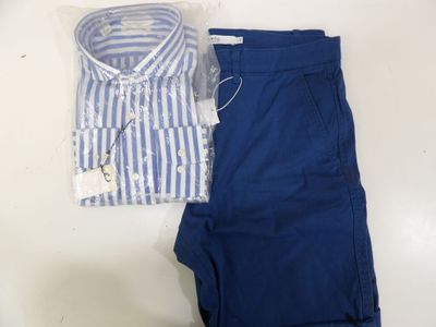 men ' s dress shirt and pants, blue and white striped shirt and blue and white striped pants