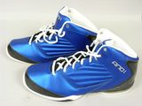 blue and black basketball shoes with white laces on a white surface