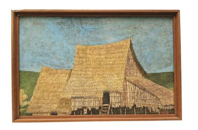 une photo d'un tableau représentant une maison en paille