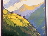 french vintage travel poster of a mountain valley with a horse in the foreground and mountains in the background