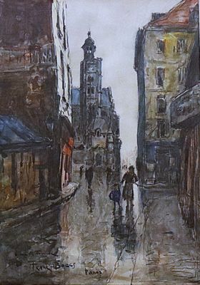 a painting of a person walking down the street