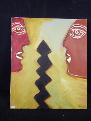 peinture représentant deux visages sur un fond jaune avec un arrière-plan noir