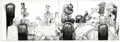 drawing of a group of people sitting at a table with a skeleton