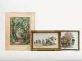 three framed pictures of people walking in a forest with a tent