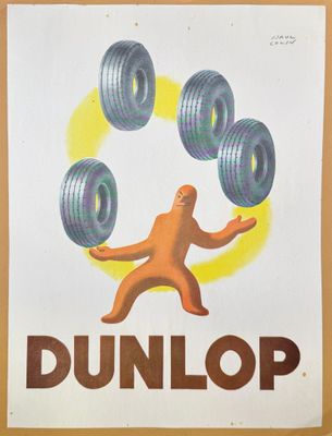 une vieille affiche représentant un homme tenant quatre pneus en équilibre sur ses mains