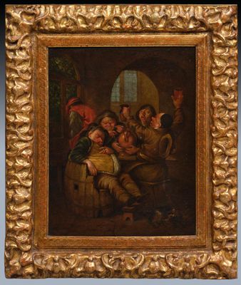 a painting of a group of people sitting around a barrel