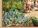 a painting of a group of people walking down a path