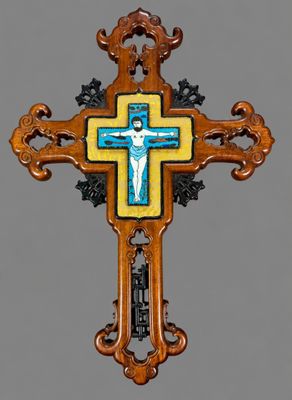 an ornate wooden cross with a blue and yellow cross on it