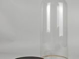 a clear glass bell jar with a wooden base and a black lid