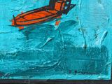a painting of a boat floating on a body of water