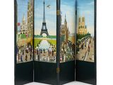 a room divider with a painting of a city and a tower