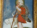 an image of a painting of a child holding a stick and a dog