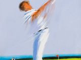 tableau représentant un homme en train de frapper une balle de golf avec un club de golf en arrière-plan