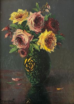 une peinture de roses dans un vase sur une table