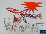 drawing of a plane flying over a crowd of people holding american flags