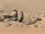 dessin représentant une femme allongée sur une couverture, les pieds posés à même le sol