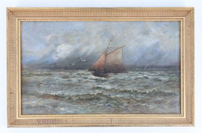une peinture à l'huile représentant un voilier au milieu d'un plan d'eau