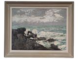 un tableau représentant des vagues qui se brisent sur un rivage rocheux, avec un bateau au loin