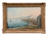 an oil painting of a view of a harbor with boats in the water