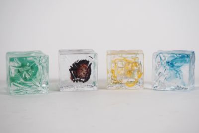 four different colored glass cubes sitting on top of a white surface
