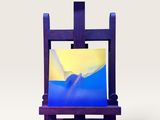 un chevalet en bois violet sur lequel est posé un tableau, sur fond blanc