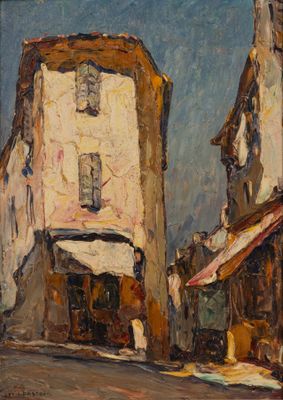 une image représentant une peinture d'une scène de rue avec des bâtiments