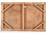 a wooden box with drawings on it on a white surface