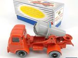 a red toy truck with a cement mixer on the back of it