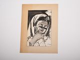 drawing of an old woman with a veil on her head