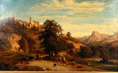un tableau représentant un paysage de montagne avec un château en arrière-plan