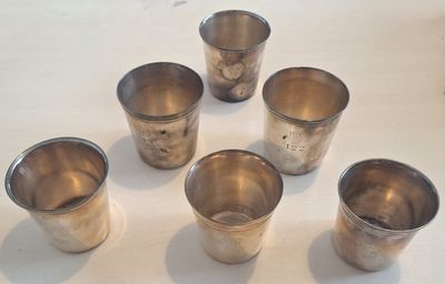 six coupes en argent sont disposées en cercle sur une surface blanche