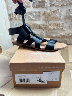 a person holding a pair of sandals on top of a box