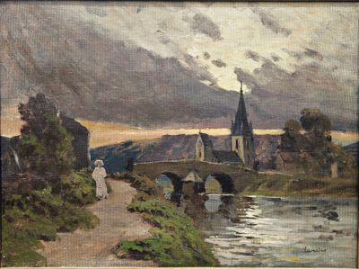une image représentant un tableau d'un pont enjambant une rivière, avec une église en arrière-plan