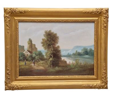 une peinture à l'huile représentant un paysage avec un château en arrière-plan